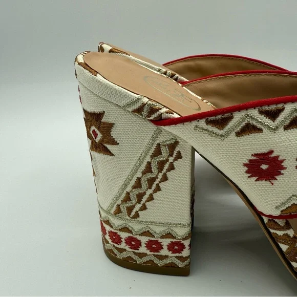 ASH Red Aztec Embroidered Padded Adel Round Toe Block Heel Slip On Heeled Sandal - Picture 11 of 16